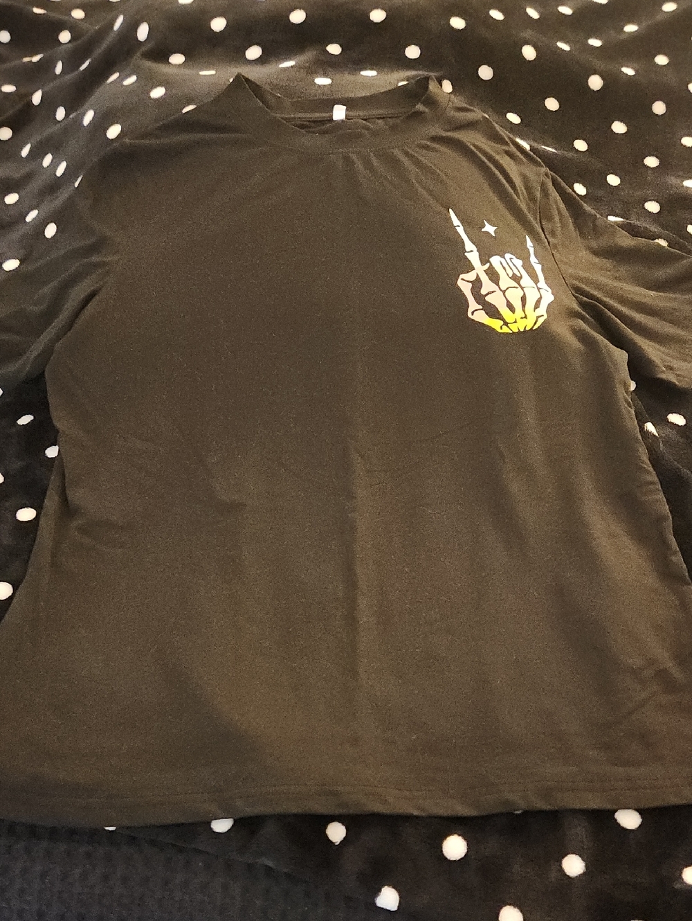 Black Graphic Skeleton Hand Tee with Yellow Accent